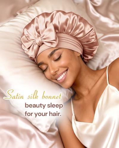 BONNET QUEEN Double Layer Silk Bonnet for Sleeping for Women Satin Lined Bonnet Night Cap for Curly Hair with Tie Band,Champagne - Image 2