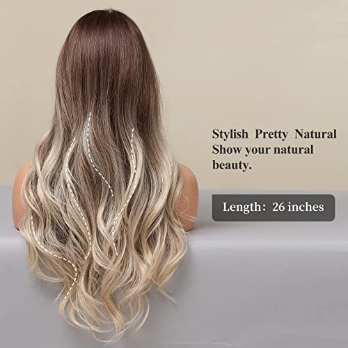HAIRCUBE Ash Blonde Wig with Bangs Long Ombre Brown to Blonde Curly Wigs for Women Natural Synthetic Wig for Daily Use (pelucas de cabello natural) - Image 4