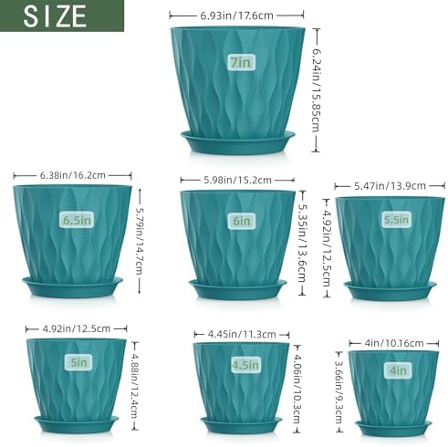 4/4.5/5/5.5/6/6.5/7 Inch Plant Pots,7 Pack Flower Pots with Drainage Holes and Trays,Plastic Planters for Indoor Outdoor Plants Growth,Green - Image 2