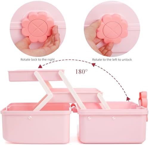 ZOOFOX Hair Accessories Organizer for Girls, Cute Cartoon Pink 3-Tier Storage Box with Handle and Lock, Multi-Purpose Case for Hair Bows, Clips, Scrunchies, Jewelry and Crafts - Image 4