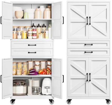 Yizosh 73" White Mobile Metal Kitchen Pantry Storage Cabinet with 2 Drawers by Yizosh