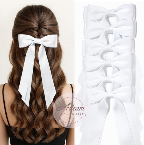 6PCS White Hair Bows, Large Ribbon Bow Hair Clips for Girls Women Cute Ponytail Holder Accessories for Toddlers Kids Teens - Image 6