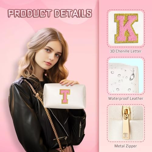TOPEAST Initial Cosmetic Bag, PU Leather Waterproof Travel Toiletry Bag, Monogrammed Gifts for Women, Personalized Birthday Gift for Sister Friends, Cute Stuff for Girls (Pearly White K) - Image 4