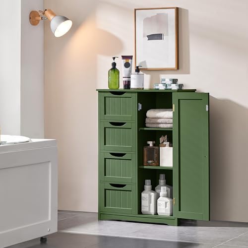 Yaheetech Small Bathroom Storage Cabinet with 4 Drawers & Door, Green - Image 2
