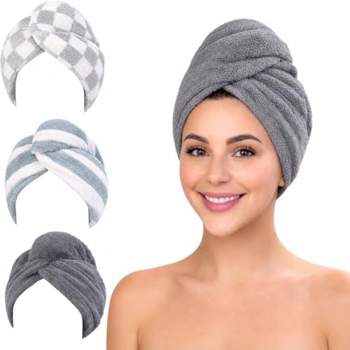 KELVO Microfiber Hair Towel Wrap for Women - Pack of 3, 350 GSM Super Absorbent Quick Dry Hair Turban, Anti-Frizz Head Wrap for Curly, Long & Thick Hair, Soft Hair Drying Towel(Gray, Mixed Style) by Unknown
