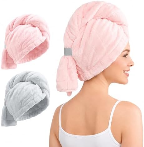 REDKISS 2 Pack Microfiber Hair Towel Wrap for Women, Super Absorbent Quick Dry Hair Turban for Thick Long Curly Hair, Large Stay-Put Anti-Frizz Hair Drying Towels, Pink Blue Gray by REDKISSOnline