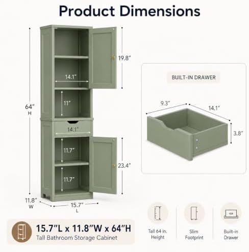 Walsunny Tall Bathroom Storage Cabinet with 6 Adjustable Shelves, Green - Image 2