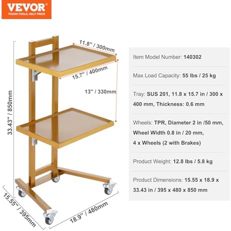 VEVOR Multifunctional 2 Tiers Foldable Medical Trolley Carton Wheels, Gold 2-Level Mobile Storage Tray Cart, Stainless Steel Rolling Lab Cart for Dental Tools, Cavitation Machine, Salon, Lab, Clinic - Image 7