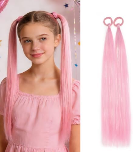 Pink Ponytail Extensions for Girls Women, Tinsel Hair Extension With Rubber Band Daily Party Festival Wacky Halloween Hair Accessories Ponytail Hair Pieces Tinsel Extensions for Women 2pcs/lot by Szphoxer