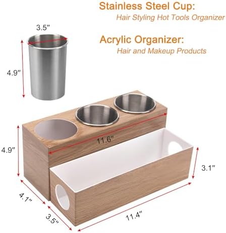 GFWARE Hot Hair Styling Tool Organizer with 3 Stainless Steel Cups, Wood - Image 7
