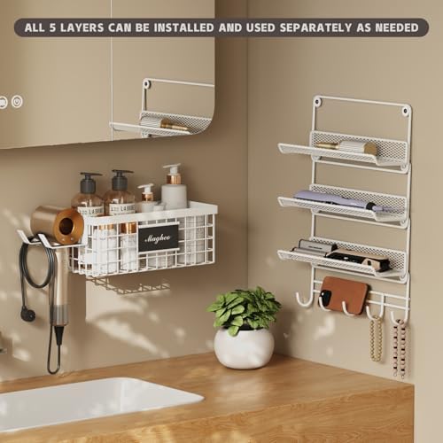 Magheo Hair Dryer Holder Wall Mounted, Adheisve Hair Tool Organizer for hair Brush/Appliance Wall Mount with 5 Tier Shelf Basket Hooks Blow Dryer and Straightener Holder for Bathroom(White) - Image 4