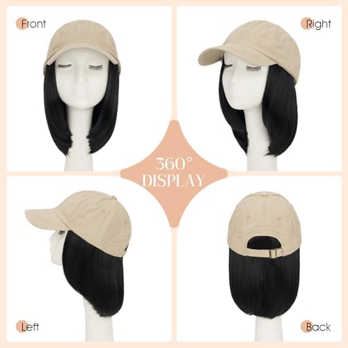 Rich Choices Hat Wigs for Women,Khaki Baseball Cap with Hair Extensions for Women,Short Bob Hairstyle Caps with Straight Synthetic Hair Attached Adjustable Baseball Cap Wig 6 Inch Black Hair - Image 4