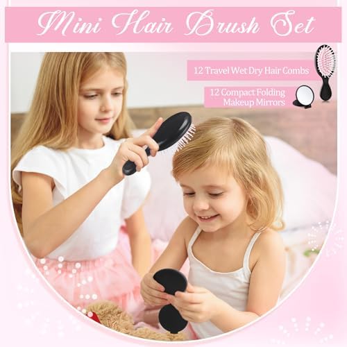 Meanplan 24 Pcs Mini Hair Brush Set Travel Wet Dry Hair Combs Pocket Detangling Compact Folding Makeup Mirrors for Spa Sleepover Birthday Bridal Shower Bachelorette Christmas Party Gift(Black Pink) - Image 6