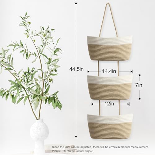 TeoKJ Over the Door Hanging Basket, 3-Tier Woven Cotton Wall-Mounted Storage Organizer Bag Decorative Hanging Nursery Baskets, White & Jute - Image 5