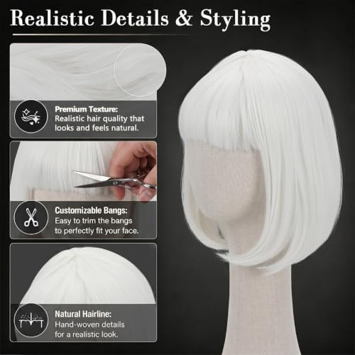 Short Pure White Bob Wig with Bangs for Women - Image 3