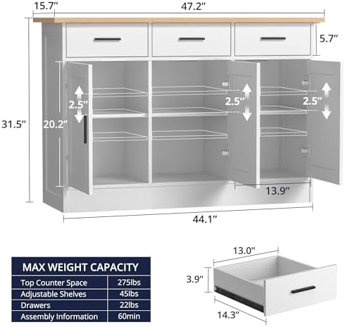 Buffet Cabinet with Storage - Buffets & Sideboards Kitchen Storage Cabinet, Wood Console Table Coffee Bar Accent Cabinets for Living Room Dining Room Entryway Large 3 Doors & Drawers, White 47.2"W - Image 3