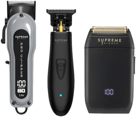 Supreme Trimmer 3-in-1 Barber Bundle | Pro Clipper Lite, DLC T-Shaper Trimmer & Crunch Foil Shaver | Professional Beard Trimmer Men’s Hair Clipper Kit | Black Lite Bundle by SupremeTrimmer