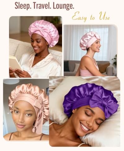 BONNET QUEEN Double Layer Silk Bonnet for Sleeping for Women Satin Lined Bonnet Night Cap for Curly Hair with Tie Band,Purple - Image 5