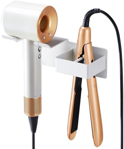 Hair Dryer Holder Wall Mounted, Hair Straightener Holder Metal, Adhesive Blow Dryer and Hair Straightener Holder, Bathroom Bedroom Hair Tool Organizer for Flat Iron,Curling Iron,Hairdryer (White) by WelcometotheXILIMEN