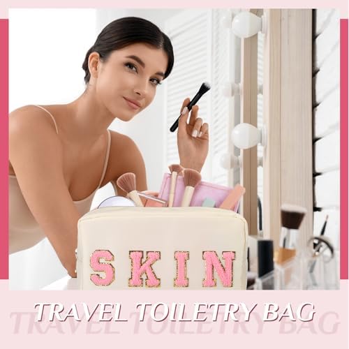 Remerry 4 Pcs Nylon Makeup Bags Waterproof Spacious Travel Cosmetic Bag for Women Chenille Letter Preppy Zipper Pouch Face Stuff Skin Hair Organizer Gift(Rose Red, Pink, Light Pink, White) - Image 4