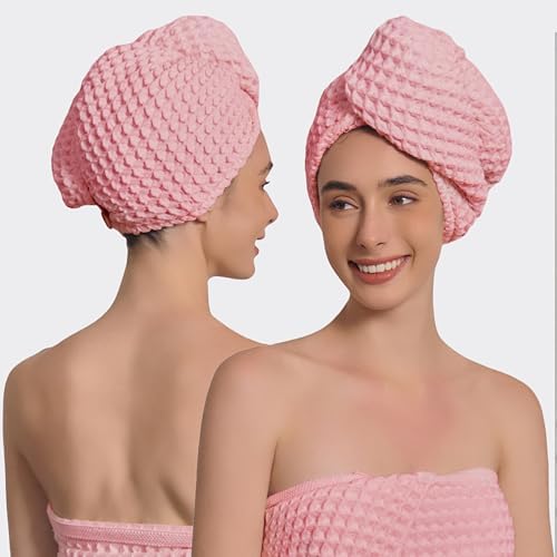 Luxury Organic Japanese Cotton Hair Drying Waffle Towel Wrap for Women | Absorbent, Quick-Dry Head Turban for Shower, Sauna, Spa | Extra Large for Long, Curly, Straight Hair With Button (Pink, 1 Pc) by KOSMU