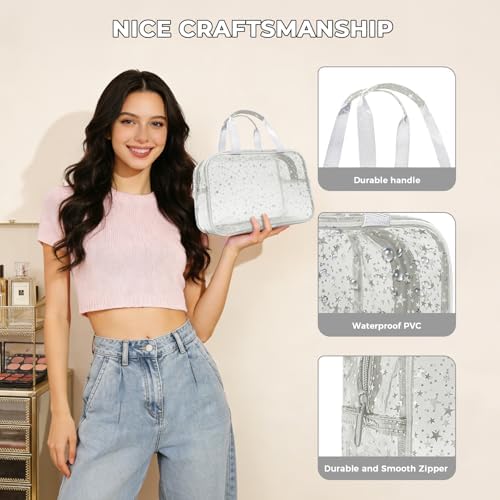 Clear White Star Large Makeup Bag with Star Pattern 12x5x8 inch, Travel Cosmetic Bag with Handle, Durable PVC Material Washbag Zipper Opening Design for Makeup Travel Organizer or Gym Use - Image 3