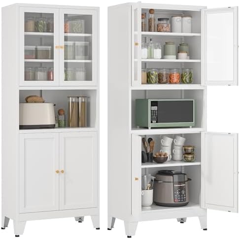 YAUWOH 69" Tall Metal Pantry Cabinet with Microwave Shelf, 2 Glass Doors & 3 Adjustable Shelves, 120LBS Per Shelf Heavy Duty Storage Cabinet with Anti-Tip Design for Kitchen,Dining Room (1PC,White) by YAUWOHFactoryOutletsColorfulMetalFurniture