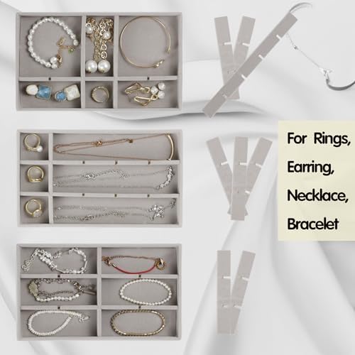 Set of 8 Stackable Jewelry Organizer Trays with 1 Lid for Drawer & Dresser Organizer, Adjustable Velvet Jewelry Box Tray Earring Organizer Necklace Storage Ring Bracelet Display Case (Gray) - Image 5
