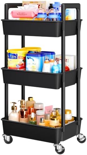 Pipishell 3 Tier Rolling Cart with Handle & Wheels for Storage, Black by Pipishell