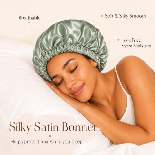 Women’s Satin Bonnet for Sleeping, Double Layer Sleep Cap, Green - Image 2
