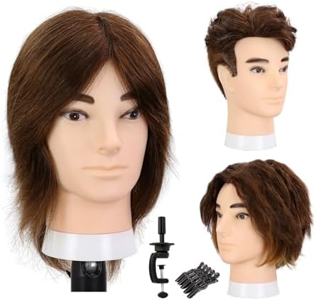 10" Brown Male Mannequin Head with 100% Real Human Hair, Professional Barber Mannequin Head Cosmetology Manikin Training Head for Haircut Styling Practice with Free Clamp Stand (Dark brown) by Unknown