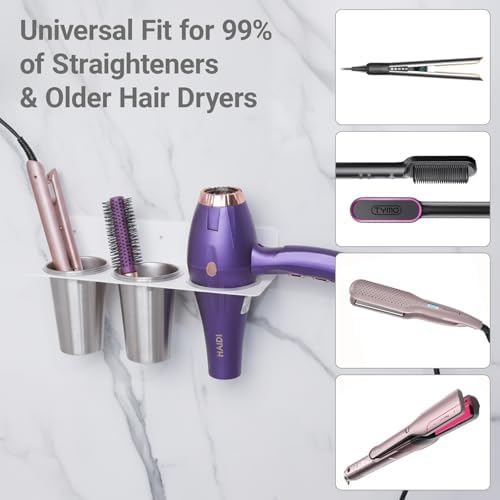 Hair Tool Organizer Wall Mount, Stainless Steel Hair Tool Holder with 2 Heat-Resistant Cups, Curling Iron Holder for Vanity, Hot Tools Organizer with PVC Ring,Hair Dryer Holder for Bathroom, BANJEKT - Image 2