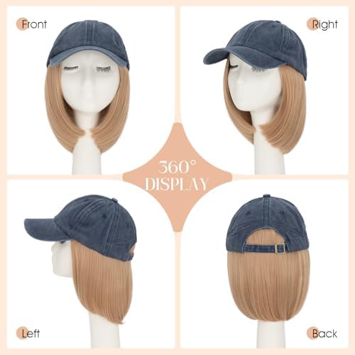 Rich Choices Hat Wigs for Women,Denim Blue Baseball Cap with Hair Extensions for Women,Short Bob Hairstyle Caps with Synthetic Hair Attached Adjustable Baseball Cap Wig 6 Inch Light Blonde Hair - Image 4