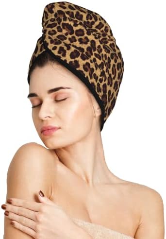 Leopard Hair Towel Wrap Microfiber Fast Drying Hair Turban with Buttons for Women Men Drying Curly, Long & Thick Hair by DecorateYourLife