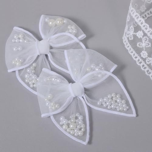 White Pearl Fable Hair Bow Clips for Girls Wedding 4" Mesh Tulle Ribbon Shaker Bow Alligator Hairpins Teens Women Pageant 1st Communion Party Dress Decor Accessory Gift - Image 2