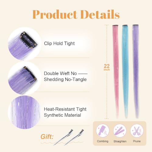 Colored Hair Extensions Mix Tinsel, Clip in Dreamy Mermaid Hair for Girls - Image 4