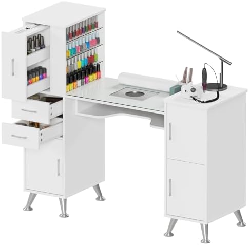 Kikihouse Nail Desk Manicure Table with Dust Collector & Glass Top (White) by Kikihouse