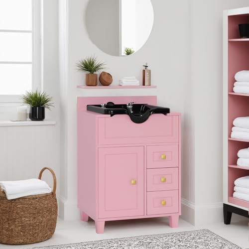 BarberPub Barber Storage Shampoo Station with Bowl & Cabinet 7131 (Pink) - Image 2