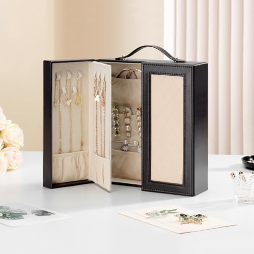 DesignSter Jewelry Box for Women, Jewelry Storage with Mirror, Travel Jewelry Organizer with Handle for Stud Earrings, Rings, Necklaces, Bracelets(Black Brown & Apricot) - Image 6