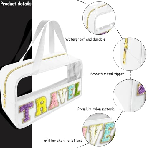 Bunliuys Chenille Letter Clear Makeup Bag Travel Patch, Travel Toiletry Makeup Bag with Handle, Nylon Waterproof Makeup Bags clear cosmetic bag, preppy patch makeup bag for Women (TRAVEL-White) - Image 3