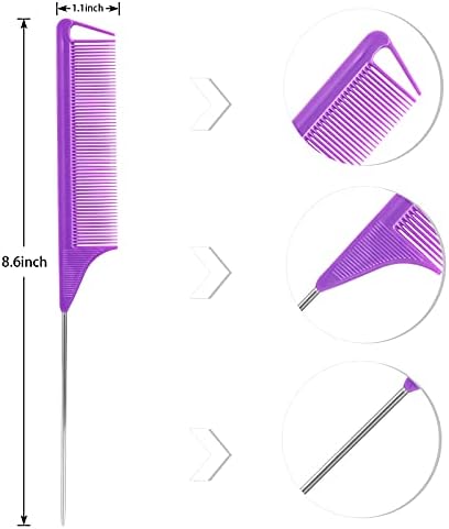 Rat Tail Teasing Combs Set: 3 Long Steel Pin Combs for Parting Hair - Salon Styling Combs for Women (Purple, Green, Blue) - Image 4