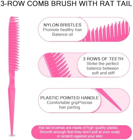 SIMPOR 3 Row Hair Comb for Natural Detangling, Hair Styling Brush, Nylon Bristle Unbraider Teasing Rat Tail Comb for Women Men Rose Pink - Image 2