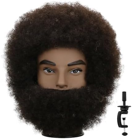 Afro Kinky Curly Human Hair Mannequin Head with Beard - 100% Real Hair for Braiding Practice, Cornrow, Styling, Cutting & Coloring - Professional Cosmetology Training Head for Salon & Student by Unknown