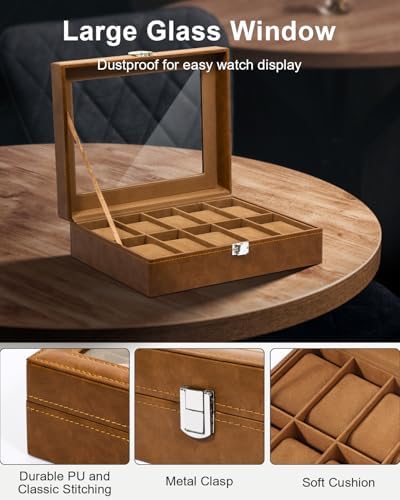 Uten 10-Slot Watch Box, PU Leather Watch Case with Glass Lid, Brown - Image 4