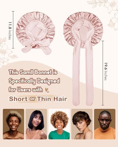 BONNET QUEEN Small Double Layer Silk Bonnet for Sleeping for Women Satin Lined Bonnet Night Cap for Short Thin Hair with Tie Band, Cream Pink - Image 3