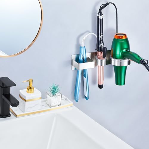 Hair Dryer Holder Wall Mounted Hair Straightener Holder, Blow Dryer Curling Iron Holder Metal, 3 in 1 Bathroom Hair Tools Organizer for Blow Dryer, Flat Irons, Hot Tool Holder (Silver) - Image 3