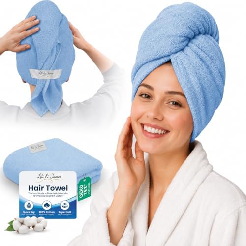 Lili&James Cotton Hair Towel Wrap for Women/Kids | Quick Dry, Soft & Absorbent Hair Wrap Towels with Double Button (Pack of 1, Blue Large) by LiliJames