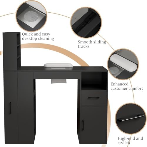 Professional Nail Desk for Nail Tech with Storage Cabinet and Fan – Modern Nail Table for Salon, Nail Tech Table with Drawer, Armrest & Dust Collector,Manicure Table Nail Desk (Black) - Image 3