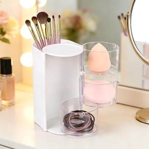 3-Tier Rotating Hair Accessories Organizer, 360° Spinning Storage Stand for Makeup Brushes and Jewelry, Compact Vanity Display Case for Girls, Holds Hair Clips, Earrings, Rings, Bracelets(White) - Image 6