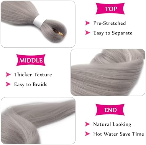Grey Hair Extensions For Braiding 26 inch Silver Braiding Hair Pre Stretched Long Hypoallergenic Pre Sectioned Braiding Hair Knotless Crochet Braids Synthetic Hair Weave Bundles 3 Pack - Image 3